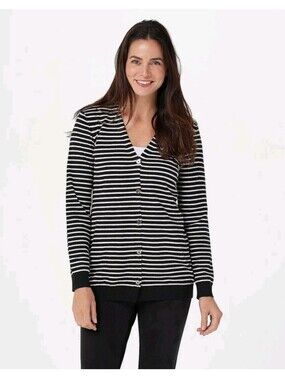 Style List by Micaela Classic Cardigan Black White Stripe Gold Buttons V-Neck M
